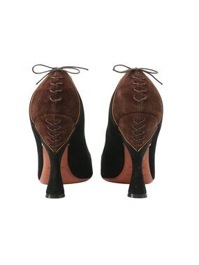 Alaia Paris Black Brown Suede Leather Lace Up Back Bows Pumps Heels 37.5 6.5